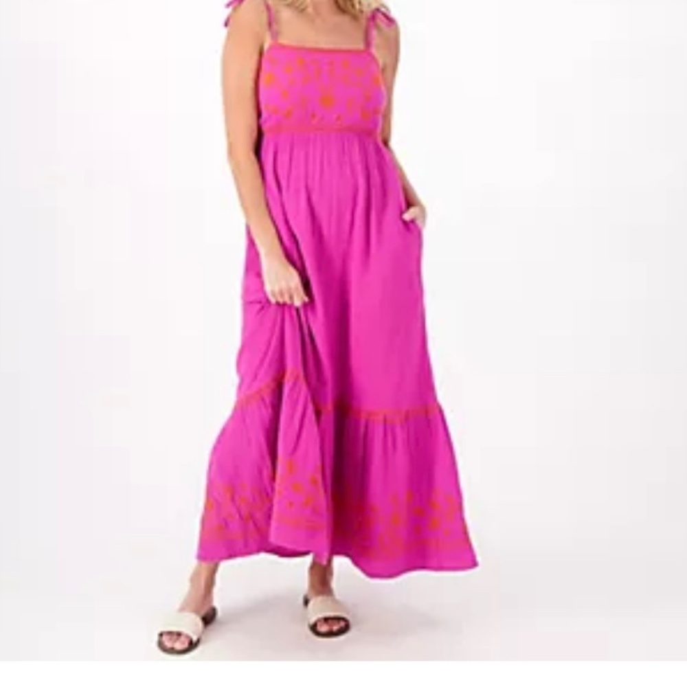 New Destination 365 Hot Fuchsia Embroidered Tiered Midi Dress